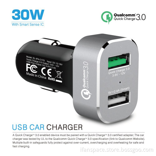 iFans 30W USB Car Charger CE ROHS QC 3.0 Type C Smart 2.4A One Year Warranty